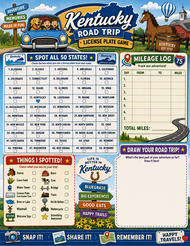 Kentucky License Plate Game Printable, Mileage Log and Sightings Checklist