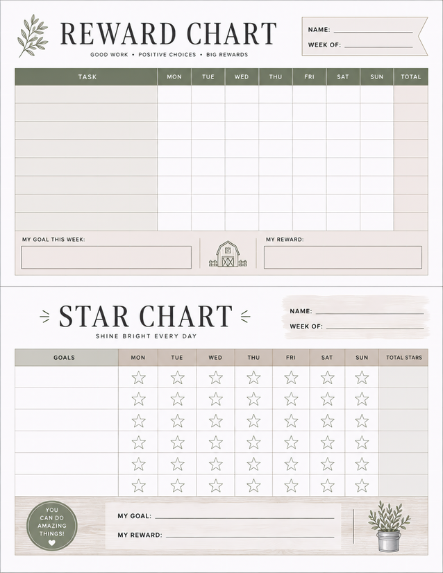 Kids Reward Chart and Star Chart, Two-Page Weekly Set