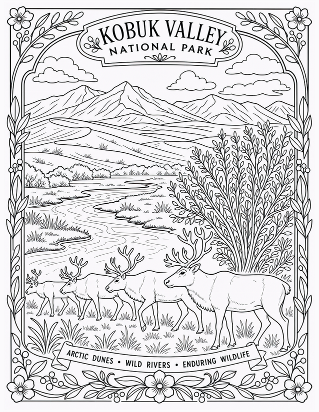 Kobuk Valley National Park Coloring Page, Three Caribou by the River