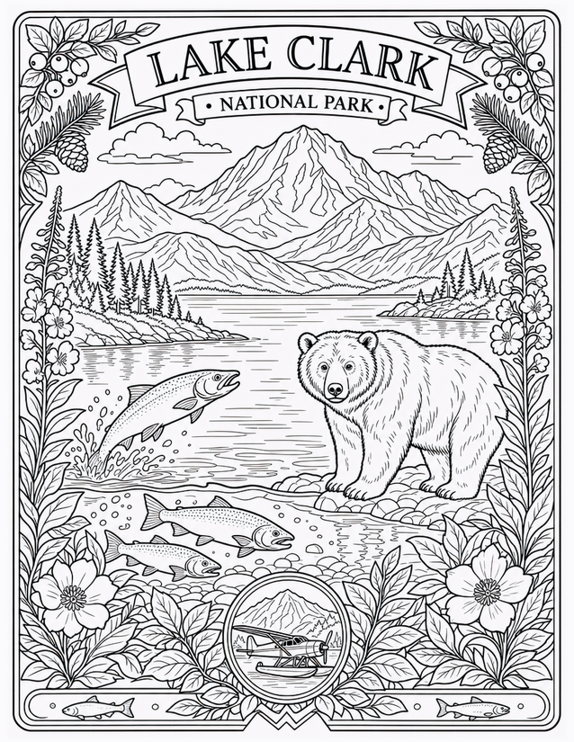 Lake Clark National Park Coloring Page, Bear, Salmon, and Floatplane