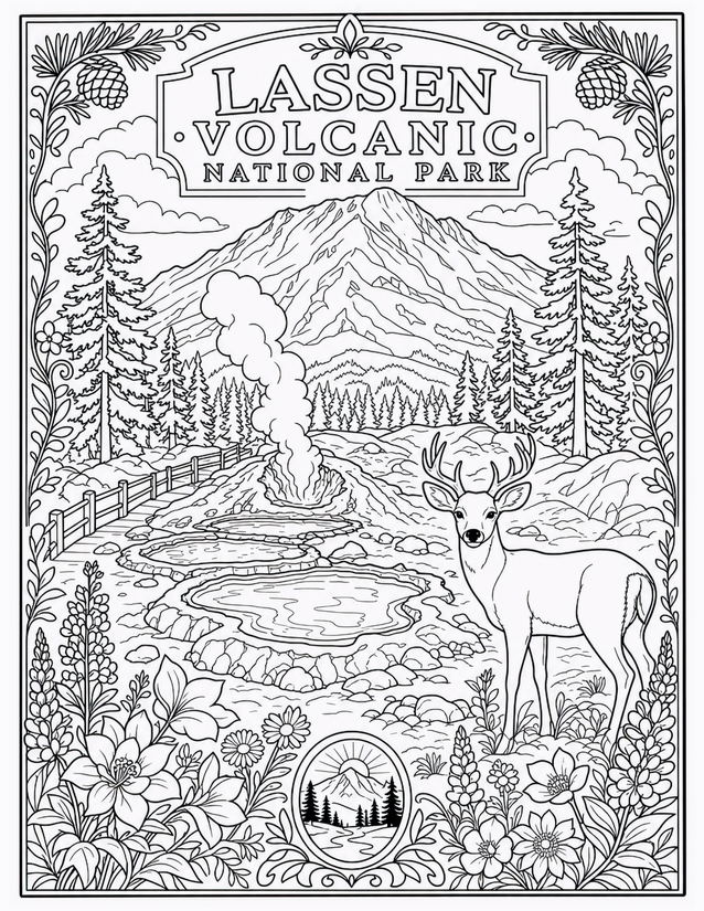 Lassen Volcanic National Park Coloring Page, Deer and Geothermal Vent