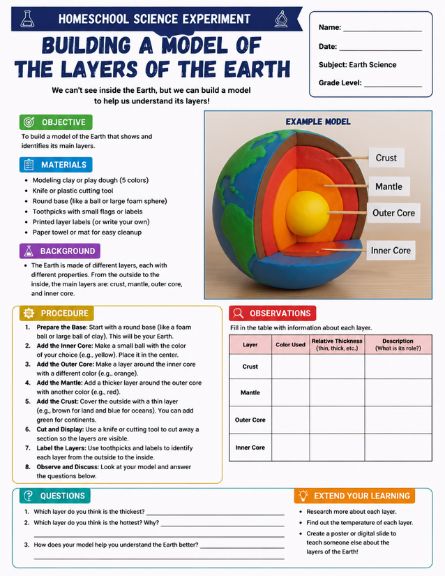 Layers of the Earth Model Lab Sheet, Homeschool Earth Science