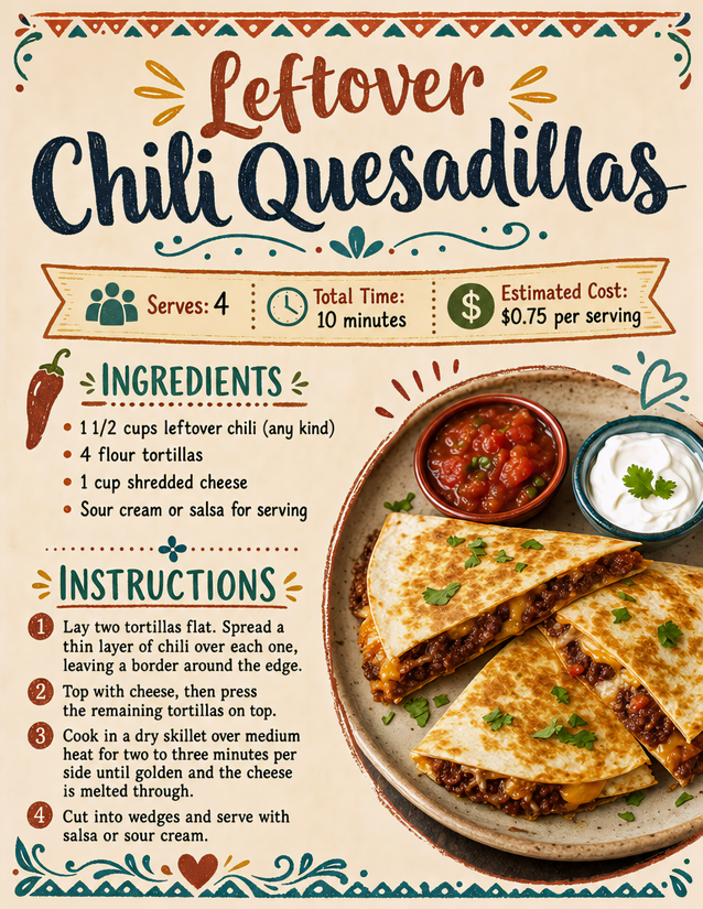 Leftover Chili Quesadillas Recipe Card, 75 Cents a Serving