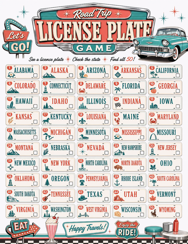 License Plate Bingo Printable, All 50 States with Retro Icons