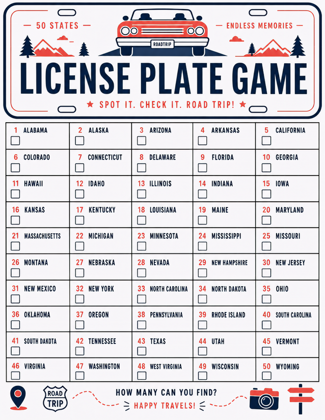 License Plate Game Checklist, All 50 States with Numbered Checkboxes