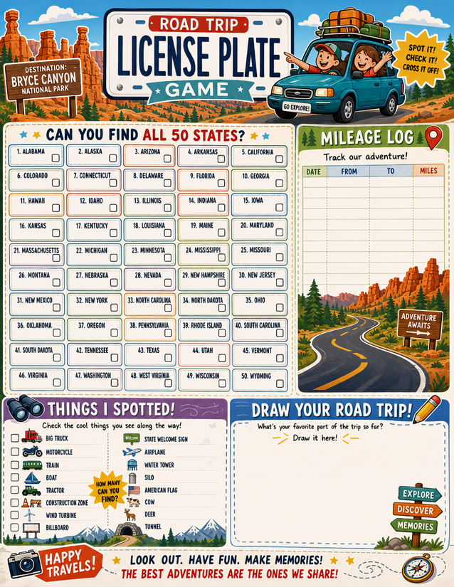 License Plate Game Printable, All 50 States Plus Mileage Log