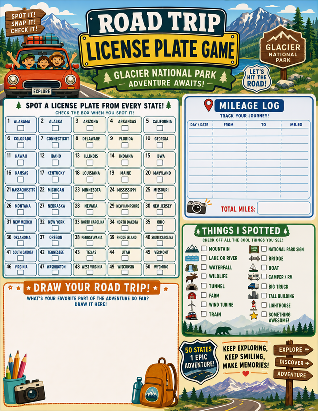 License Plate Game Printable, All 50 States with Score Tracker