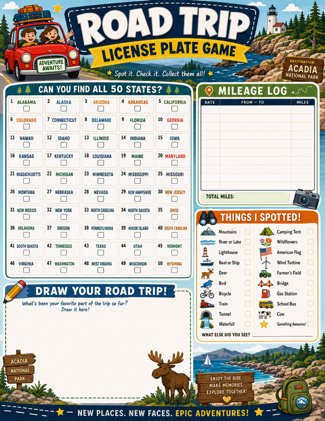 License Plate Game Sheet, Five Sections on One Page
