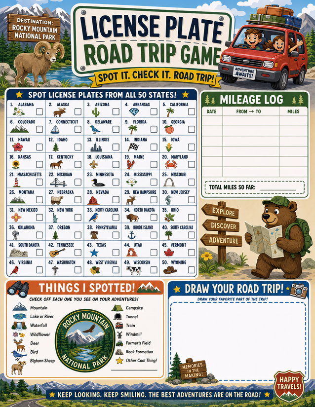 License Plate Road Trip Game, Four Activities on One Sheet
