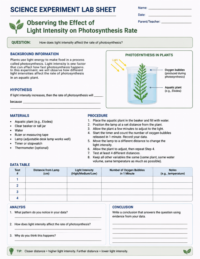 Light Intensity on Photosynthesis Rate Lab Sheet
