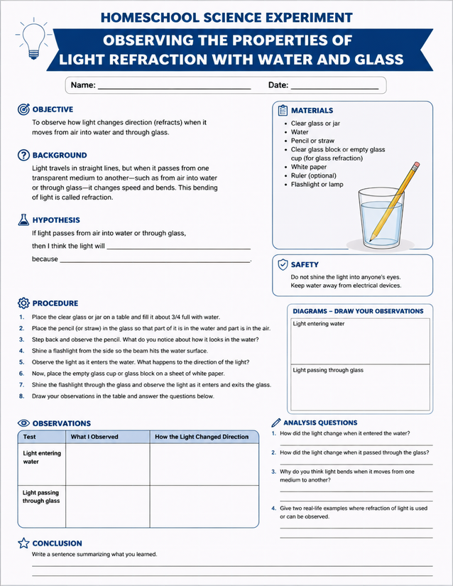 Light Refraction with Water and Glass Homeschool Lab Sheet