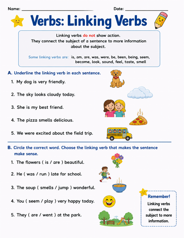 Linking Verbs Worksheet, Two Exercises with Colorful Picture Clues