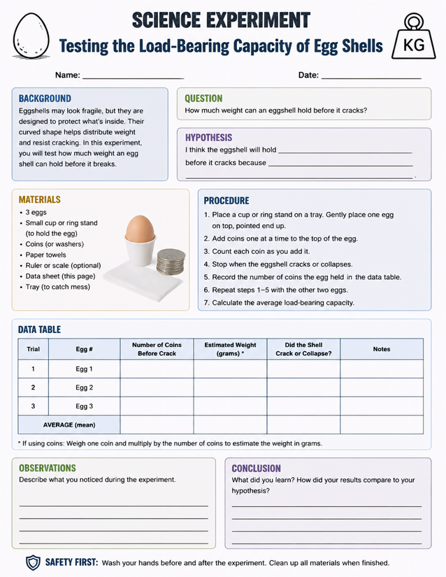 Load-Bearing Capacity of Egg Shells Lab Sheet