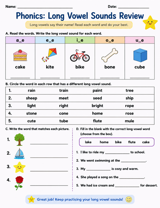 Long Vowel Sounds Review Worksheet, Four Activities