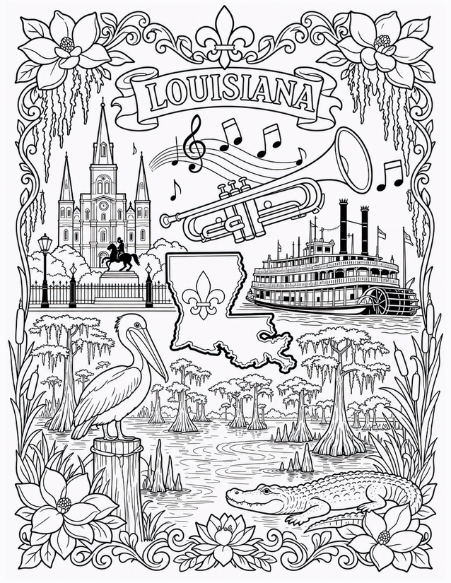 Louisiana Coloring Page, Bayou, Jazz, and French Quarter Icons