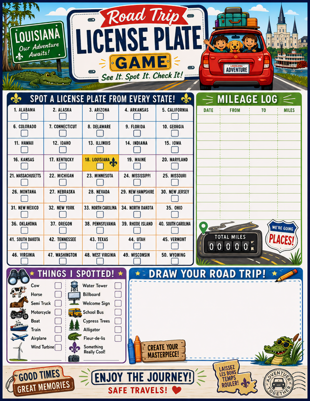 Louisiana License Plate Game Printable, Gator Spotter Edition