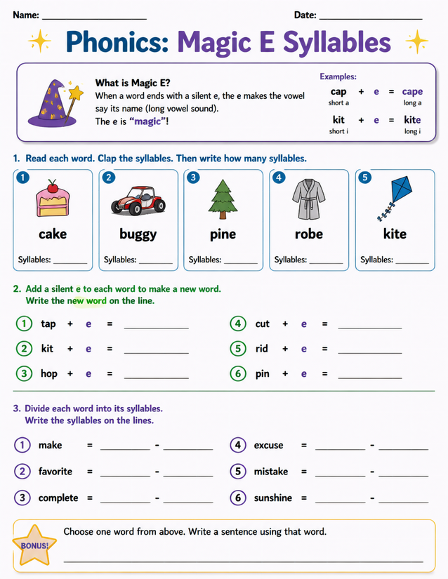 Magic E Syllables Worksheet, Three Activities in One