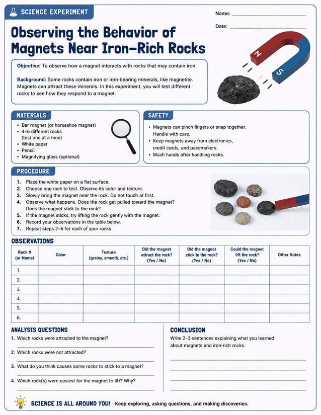 Magnets Near Iron-Rich Rocks Lab Sheet, Observation Table Included