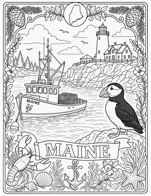 Maine Coloring Page, Lighthouse, Puffin, and Lobster Boat