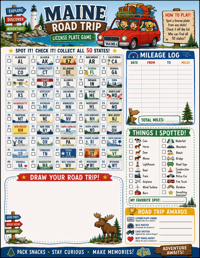 Maine License Plate Game Printable, Mileage Log and Spotter List