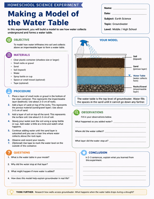 Making a Model of the Water Table, Groundwater Experiment