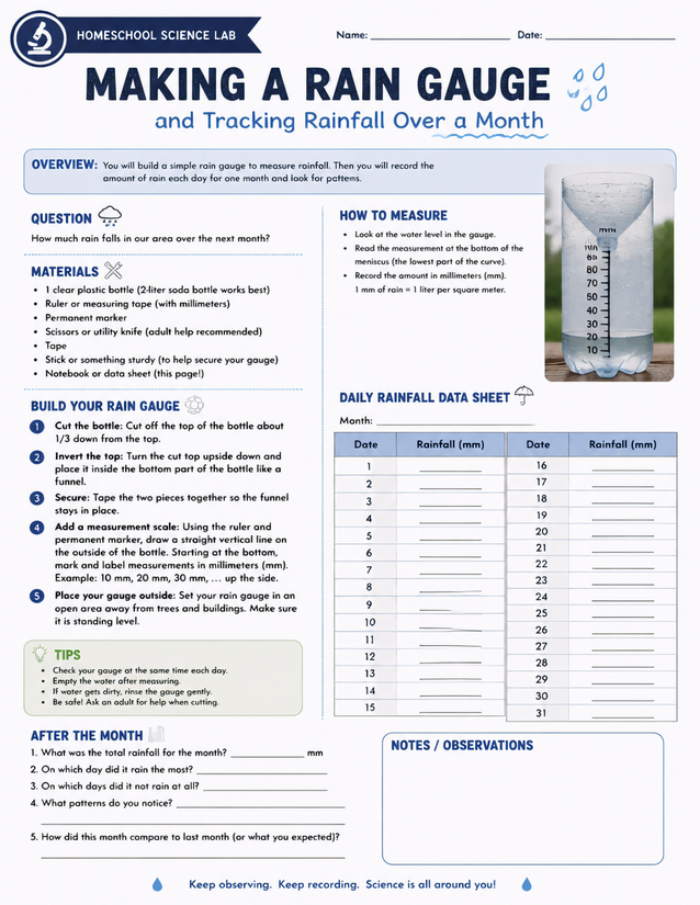 Making a Rain Gauge Lab Sheet, Daily Rainfall Tracking