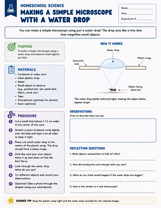 Making a Simple Microscope with a Water Drop, Homeschool Lab Sheet