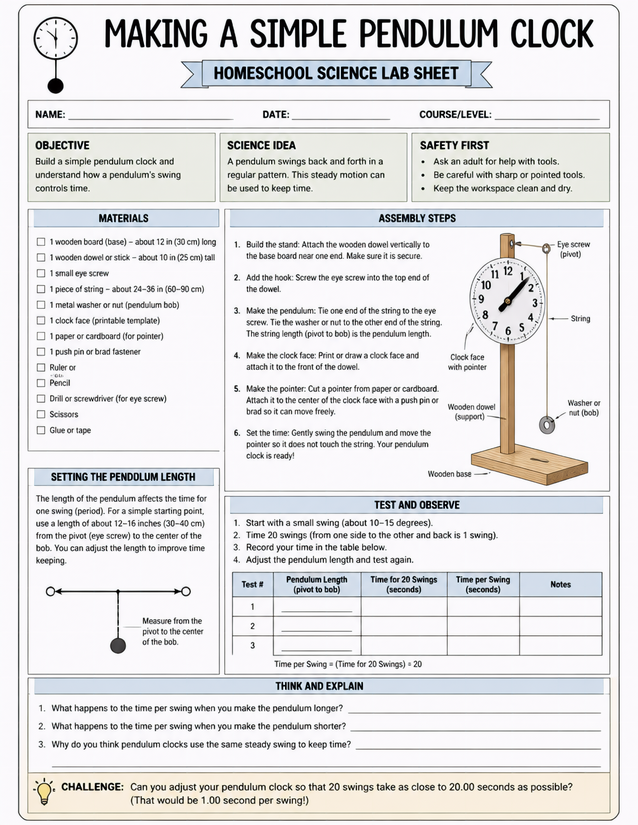 Making a Simple Pendulum Clock, Homeschool Science Lab Sheet