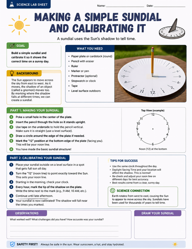 Making a Simple Sundial and Calibrating It, Homeschool Lab Sheet