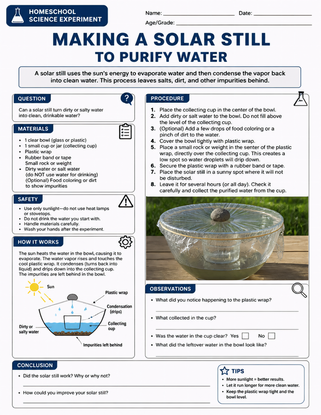 Making a Solar Still to Purify Water, Homeschool Lab Sheet