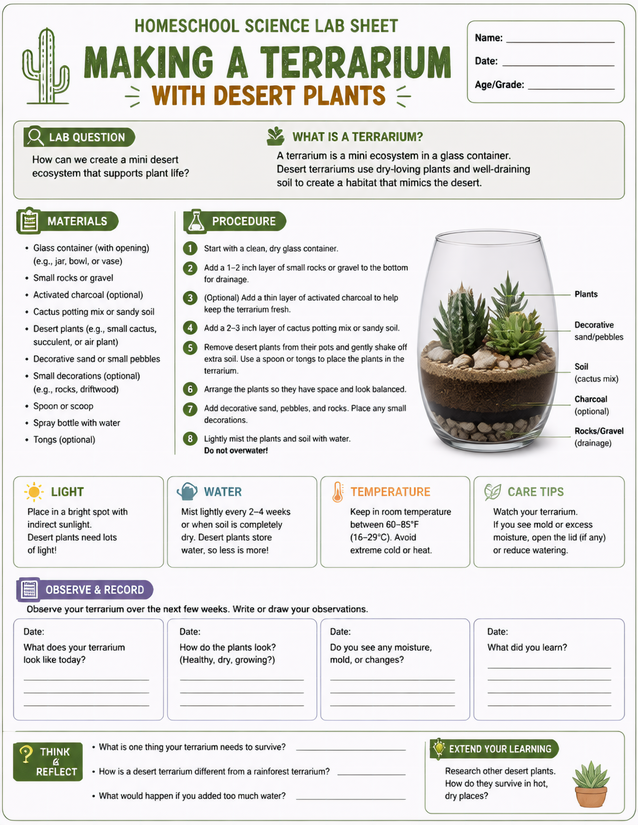 Making a Terrarium with Desert Plants, Homeschool Science Lab Sheet