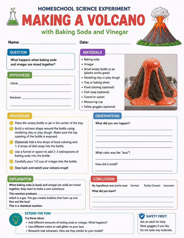 Making a Volcano with Baking Soda and Vinegar, Lab Sheet