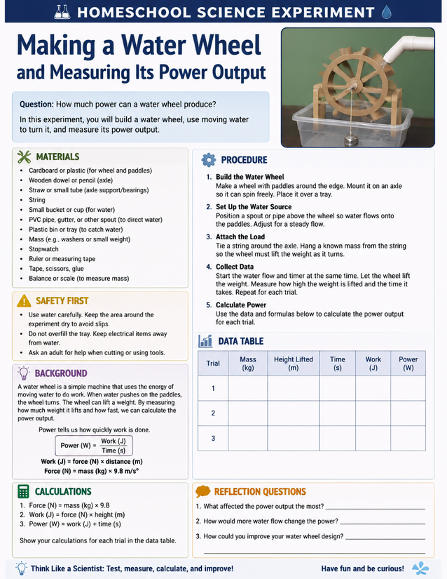 Making a Water Wheel and Measuring Its Power Output