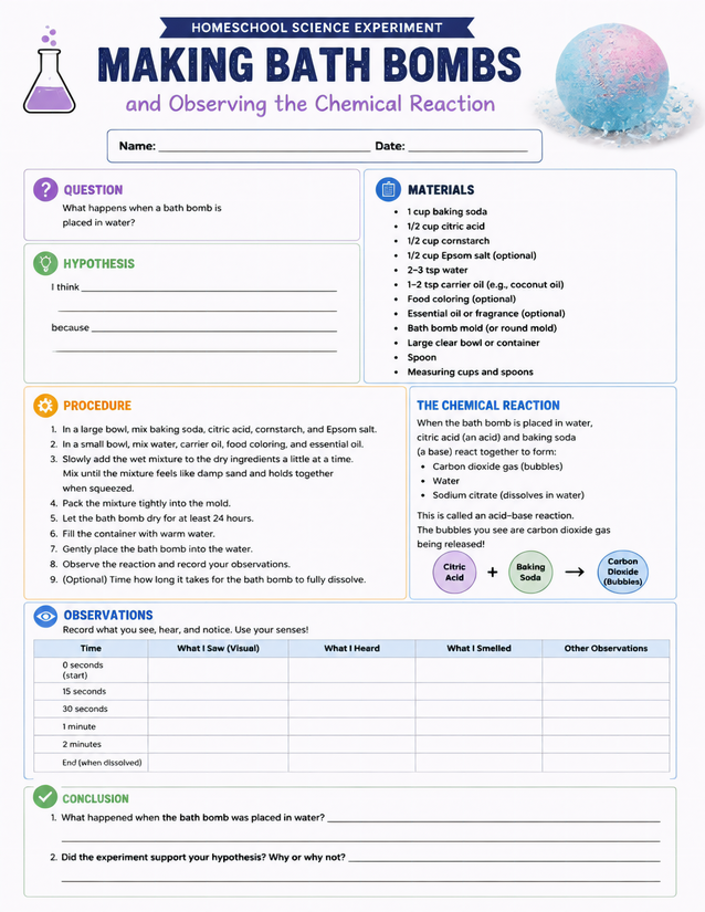 Making Bath Bombs Lab Sheet, Acid-Base Reaction