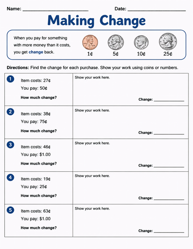 Making Change Worksheet, Five Purchase Problems with Coin Reference