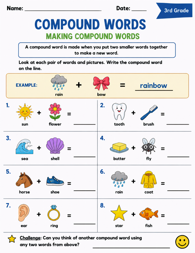Making Compound Words Worksheet, 3rd Grade Picture Pairs
