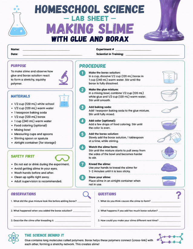 Making Slime with Glue and Borax Homeschool Science Lab Sheet