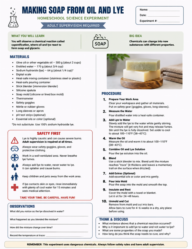 Making Soap from Oil and Lye, Saponification Lab Sheet