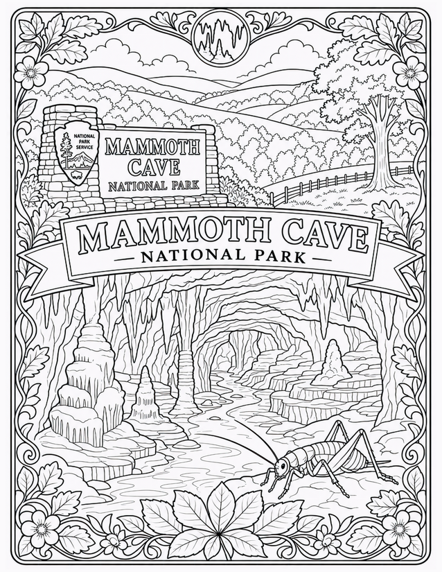 Mammoth Cave National Park Coloring Page, Cave Cricket and Stalactites