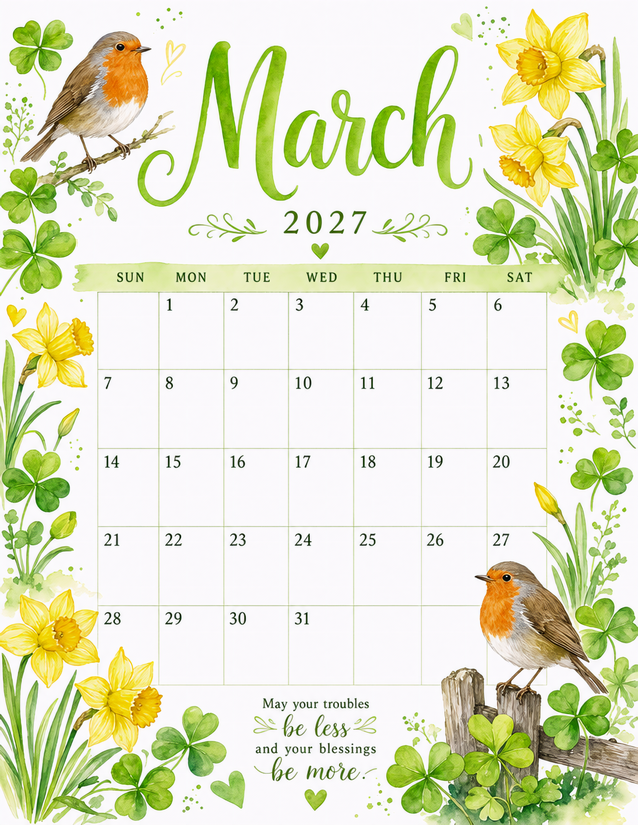 March 2027 Calendar Printable, Robins, Daffodils, and Clovers