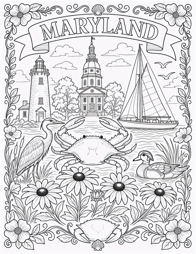 Maryland Coloring Page, Blue Crab and State House Scene