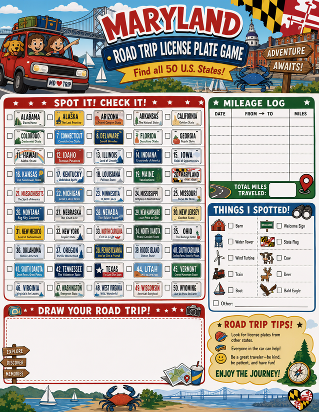 Maryland License Plate Game Printable, All 50 States Plus Mileage Log