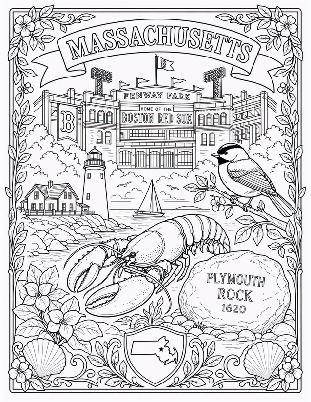 Massachusetts Coloring Page, Fenway Park, Lobster, and Plymouth Rock