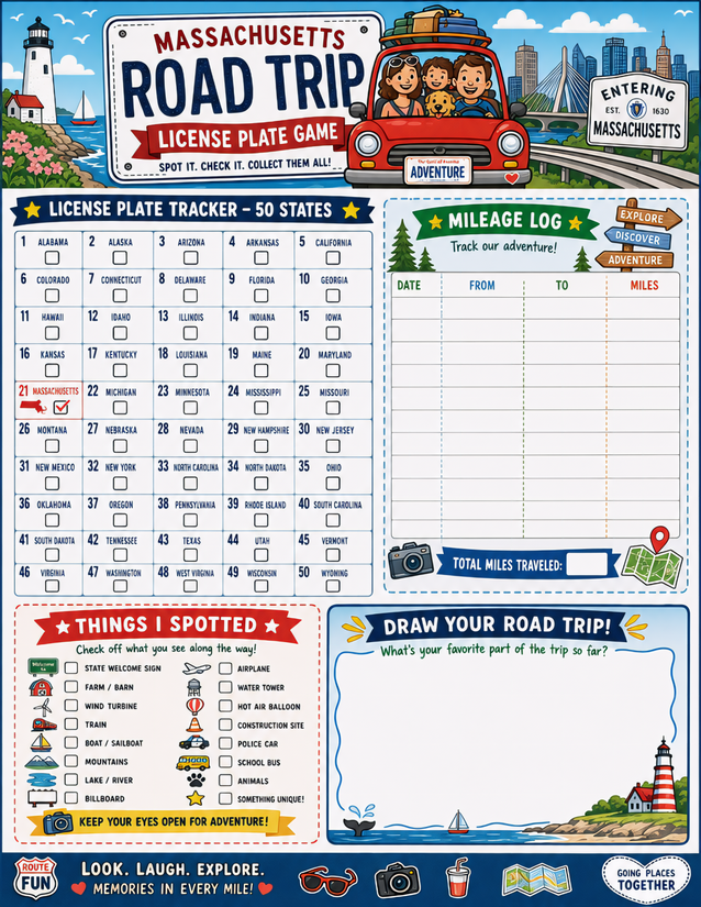 Massachusetts License Plate Game Printable, Mileage Log and Spot It Checklist