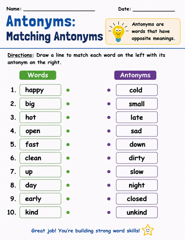 Matching Antonyms Worksheet, Ten Word Pairs