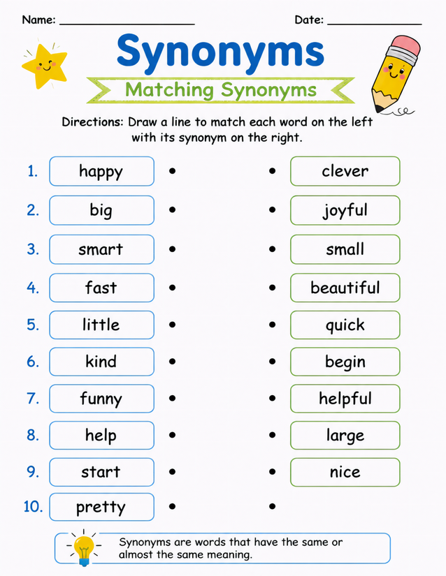Matching Synonyms Worksheet, Draw-a-Line Activity