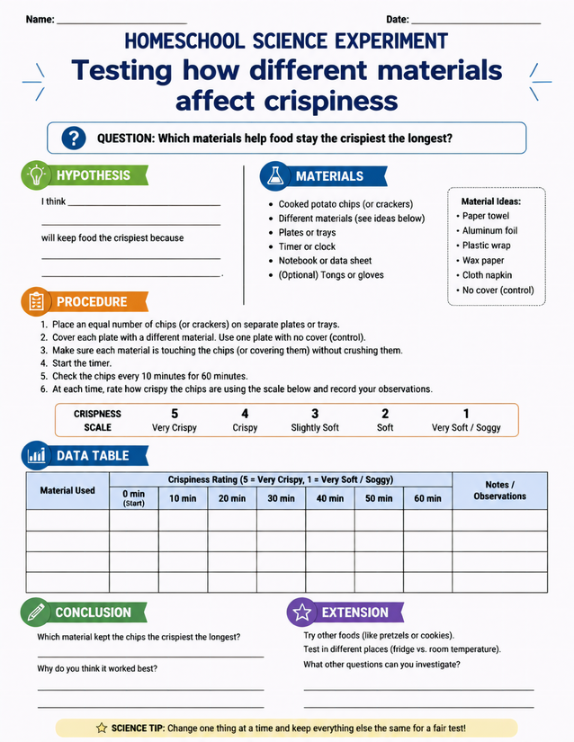 Materials Affect Crispiness Lab Sheet, Homeschool Science Experiment