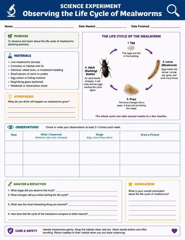 Mealworm Life Cycle Lab Sheet, Egg to Darkling Beetle
