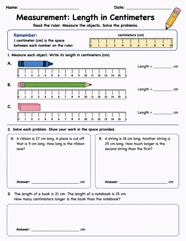 Measurement Length in Centimeters Worksheet, Grades 2-3