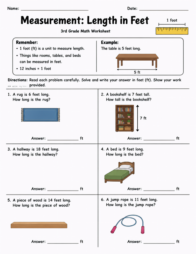 Measurement Length in Feet Worksheet, 3rd Grade Math